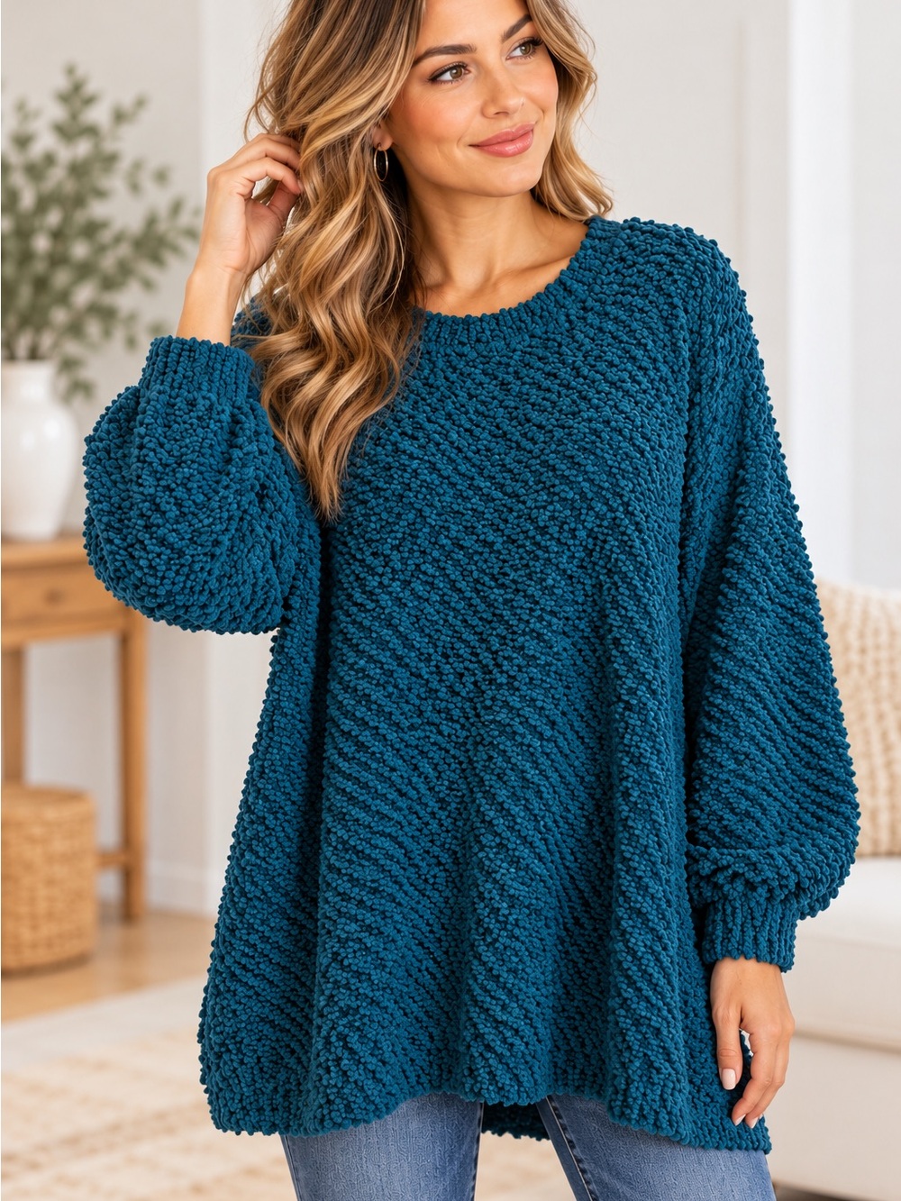 Zenana Teal Chenille Popcorn Knit Oversized Tunic Sweater Small Cozy Boho Fall